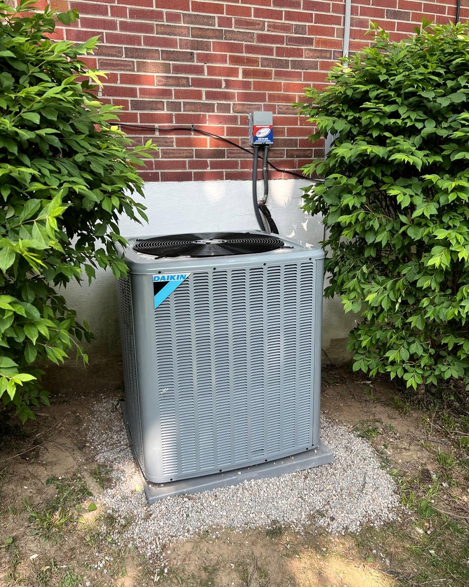 New Daikin condensing unit on a fresh pad between shrubs